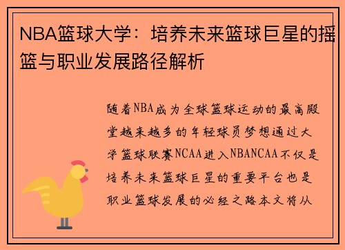 NBA篮球大学：培养未来篮球巨星的摇篮与职业发展路径解析