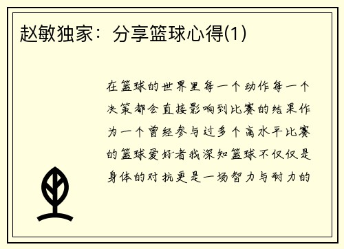 赵敏独家：分享篮球心得(1)