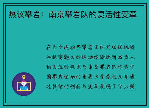 热议攀岩：南京攀岩队的灵活性变革