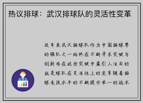 热议排球：武汉排球队的灵活性变革