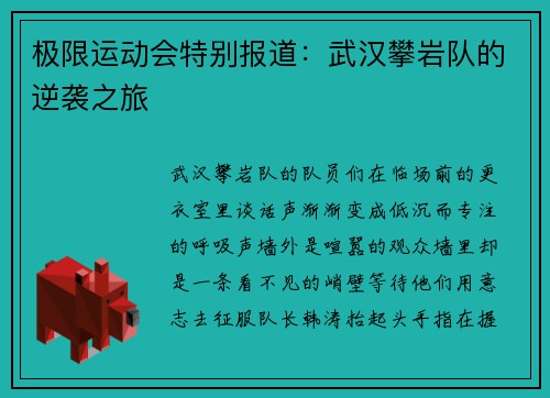 极限运动会特别报道：武汉攀岩队的逆袭之旅