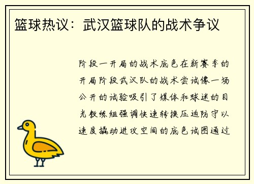 篮球热议：武汉篮球队的战术争议