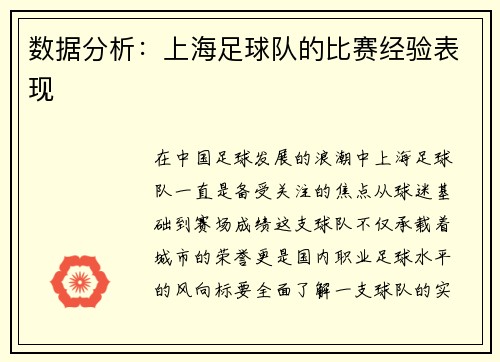 数据分析：上海足球队的比赛经验表现